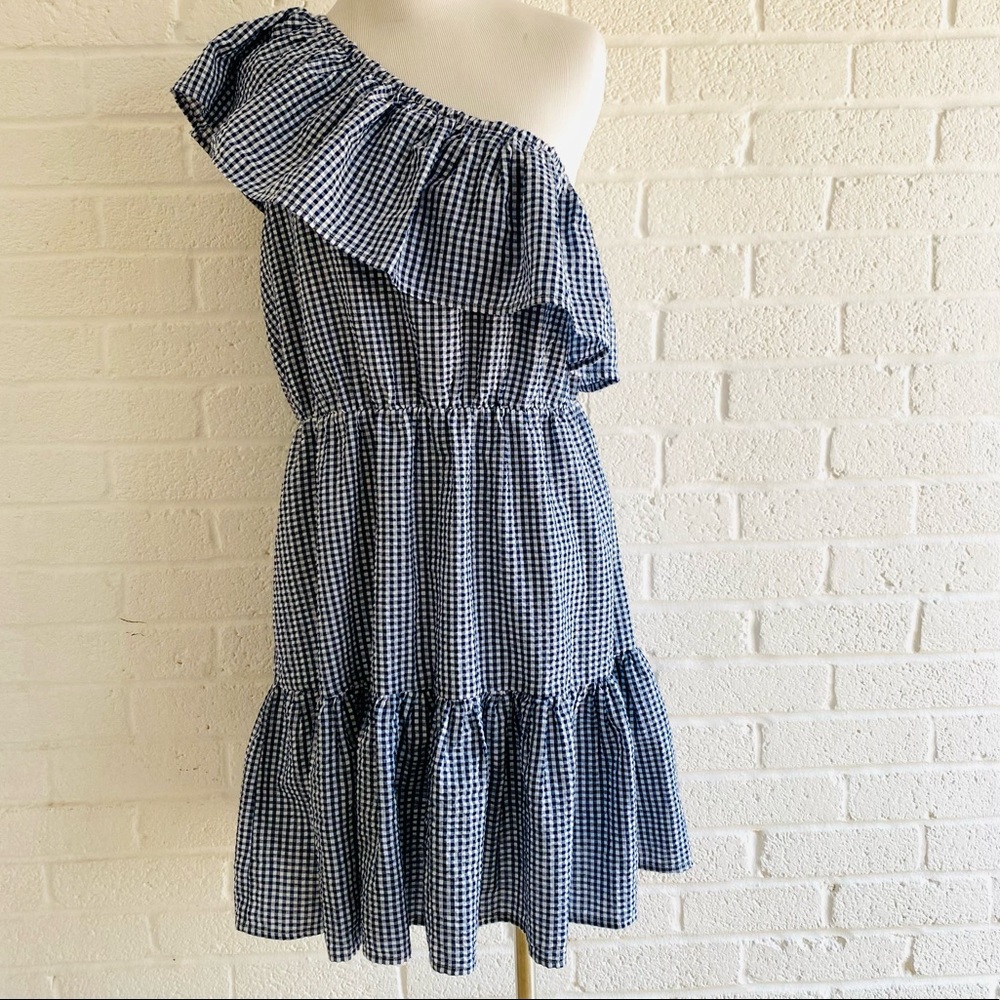 MINKPINK GINGHAM DRESS SUMMER LARGE ONE SHOULDER RUFFLE MINI WANDERER BLUE WHITE - Picture 6 of 15